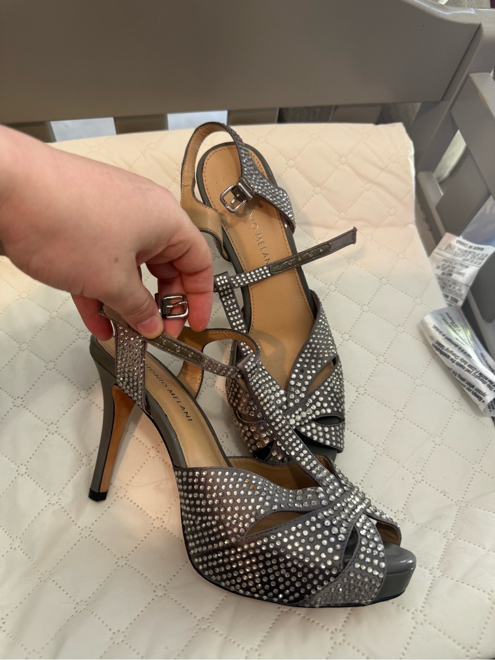 ANTONIO MELANI Gunmetal Rhinestone Strappy Peep-Toe Heels